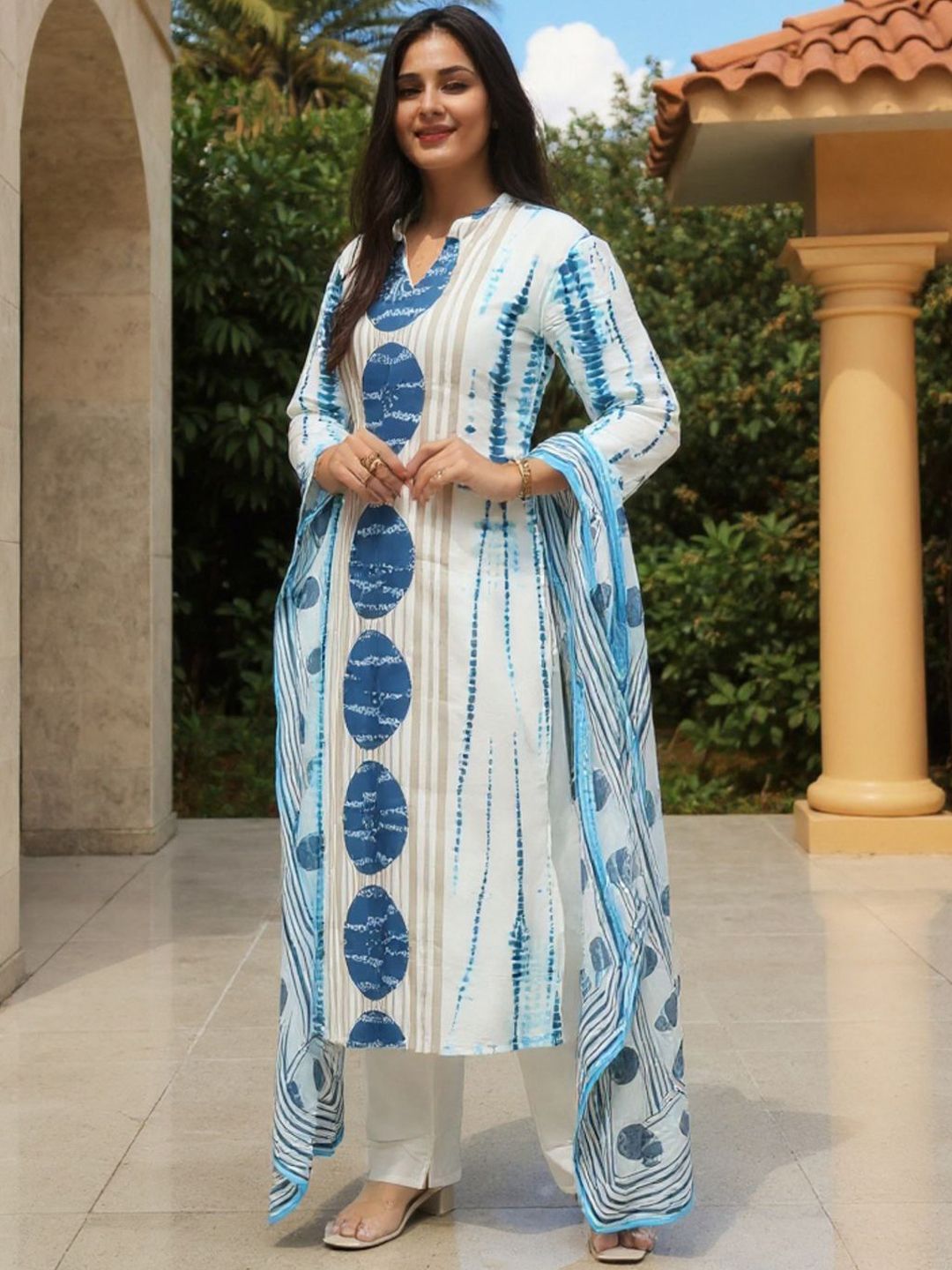 Tie And Dye Screen Technique Pure Cotton Kurta With Trousers & Dupatta