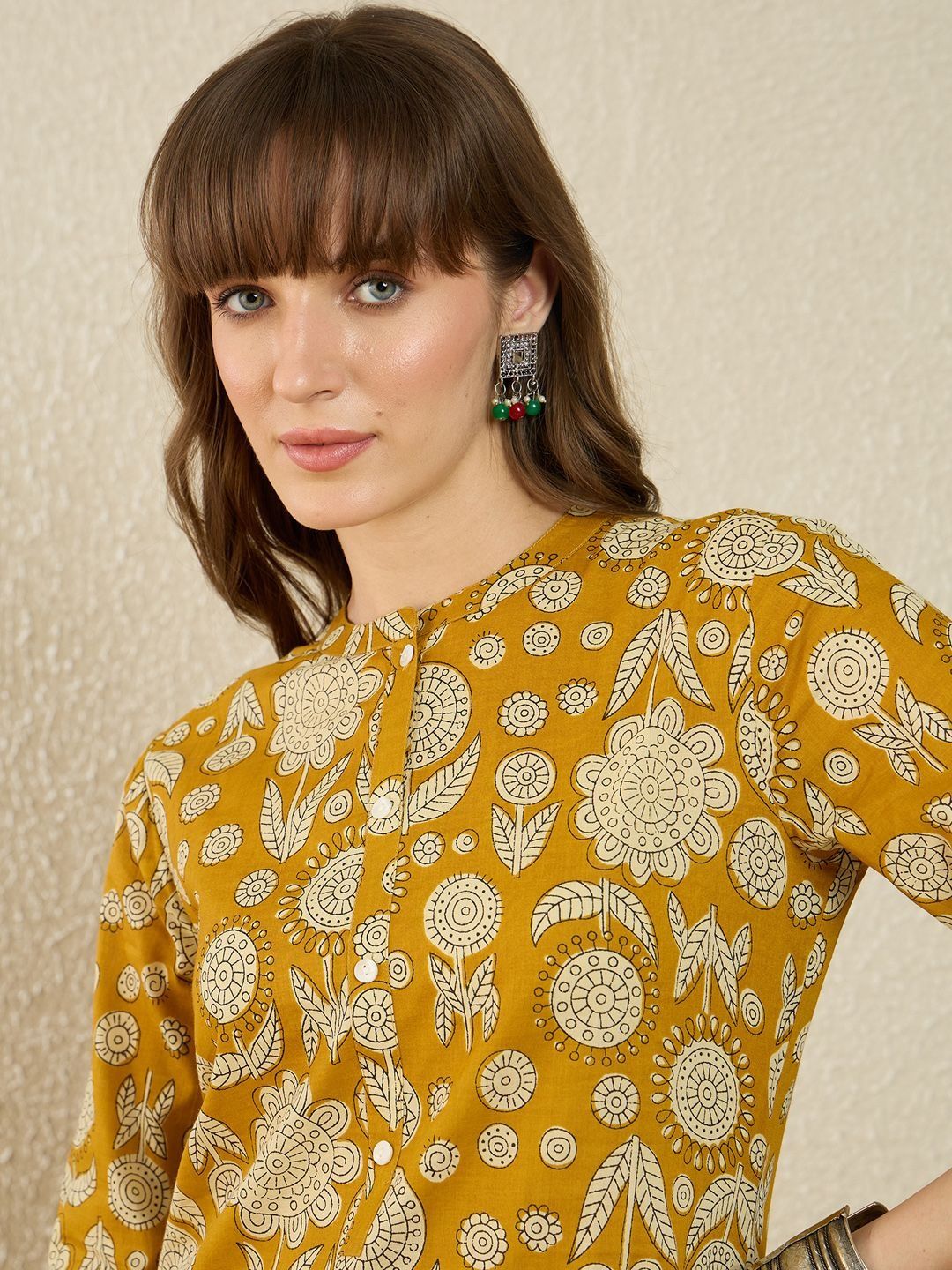 Dhiyona IE Printed Mandarin Collar Pure Cotton Top With Trousers