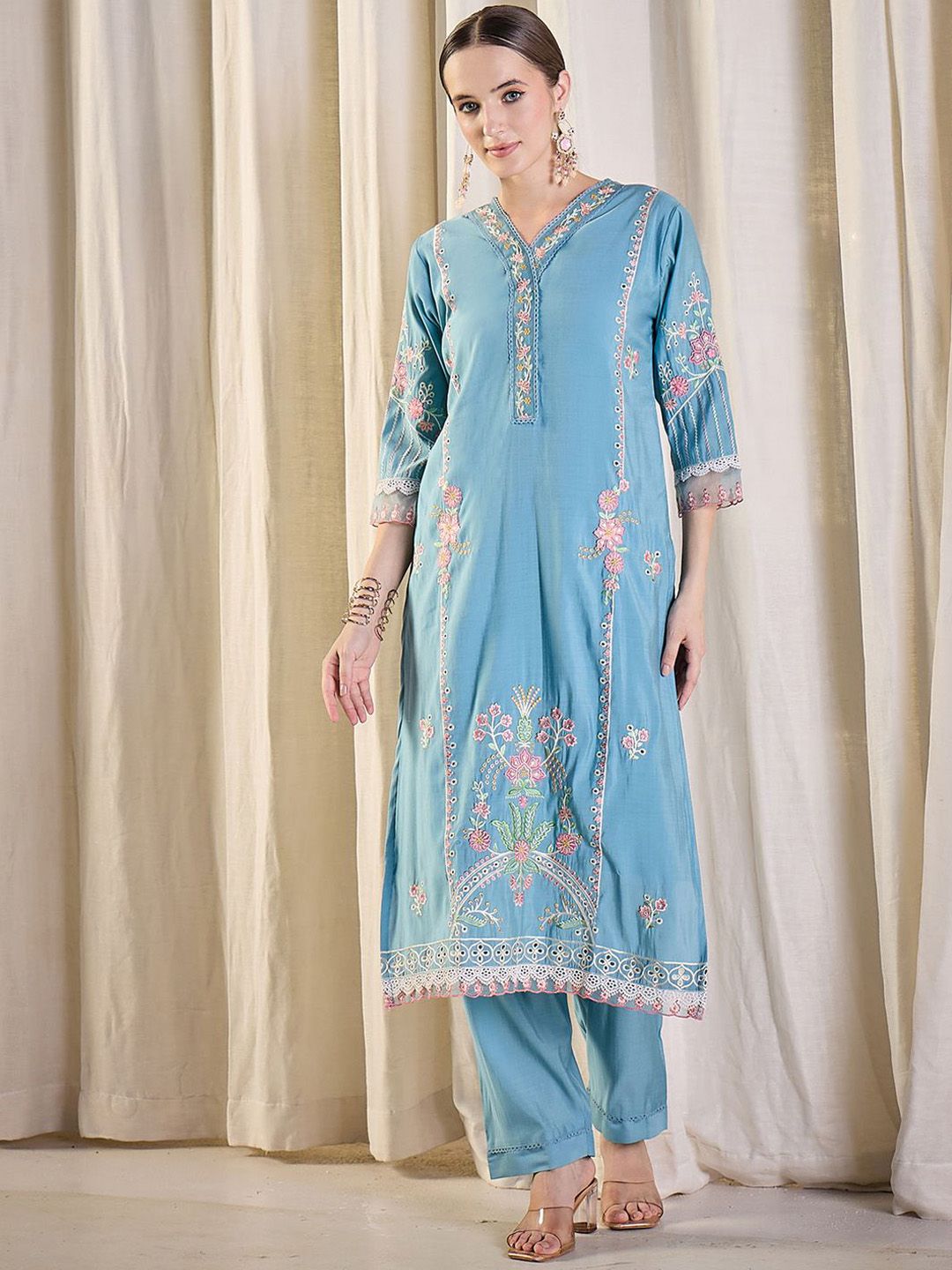 Floral Embroidered Thread Work Kurta With Trousers & Dupatta