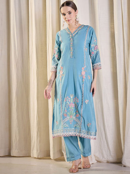 Floral Embroidered Thread Work Kurta With Trousers & Dupatta