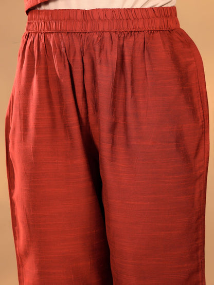 Dhiyona VA Women'sMaroon Floral Yoke Design Thread Work Straight Kurta With Trousers & Dupatta