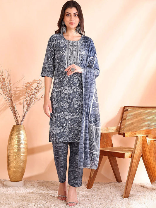 Dhiyona OD  Printed Mirror Work Pure Cotton Kurta With Trousers & Dupatta