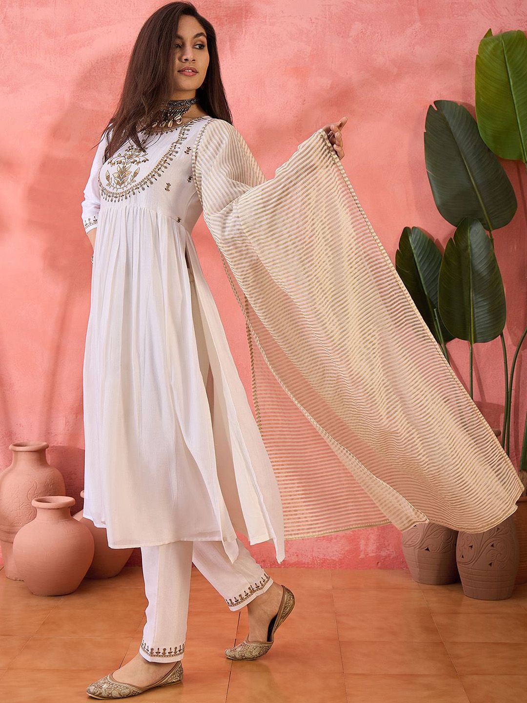 Dhiyona SN Women's White Floral Embroidered Silk Blend A-Line Kurta With Trousers And Dupatta