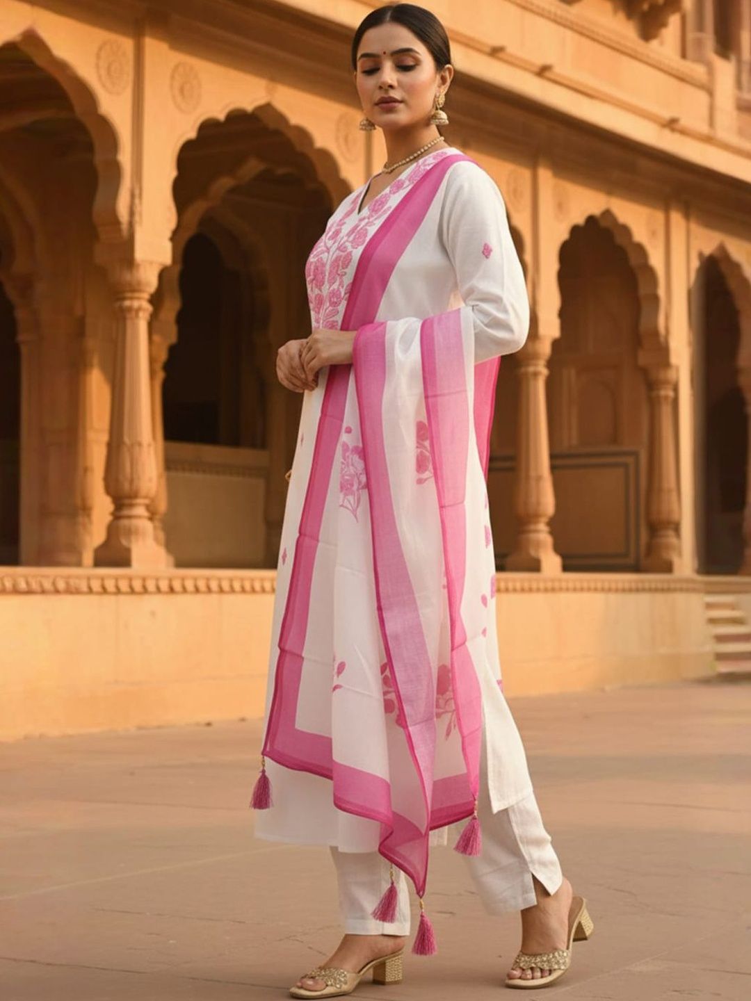 Women Floral Embroidered Thread Work Kurta with Trousers & Dupatta