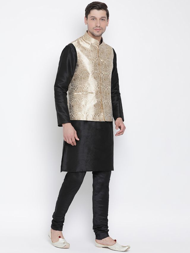 Men's Black Silk Blend Straight Jacket  Kurta and Pyjama Set