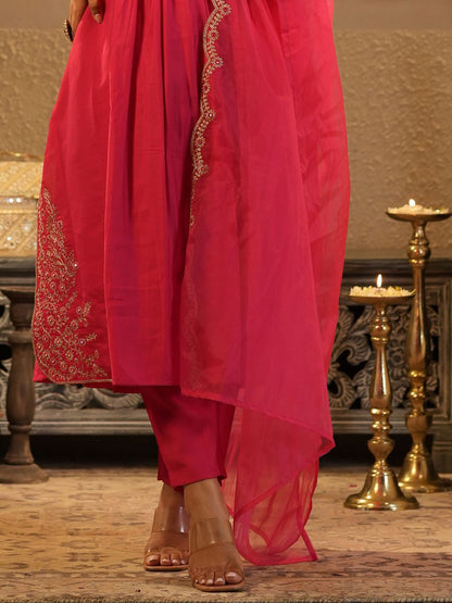 Dhiyona IE Women's Floral Yoke Design V Neck Zari A-Line Kurta & Trousers With Dupatta