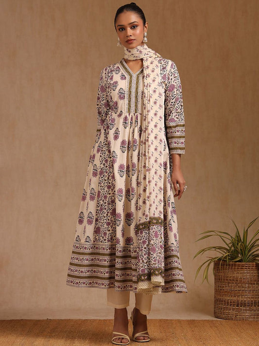 Dhiyona SO Women's Women Floral Printed Regular Mirror Work Pure Cotton Kurta with Trousers & Dupatta