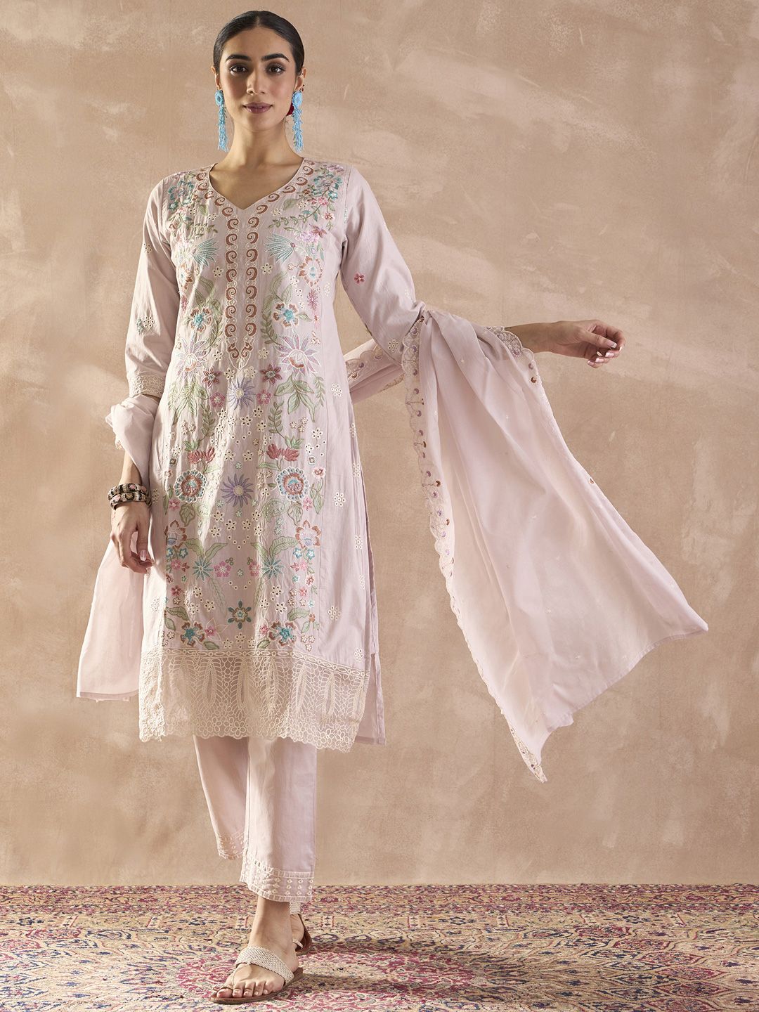 Dhiyona IE Floral Embroidered V-Neck Thread Work Pure Cotton Kurta With Trousers & Dupatta