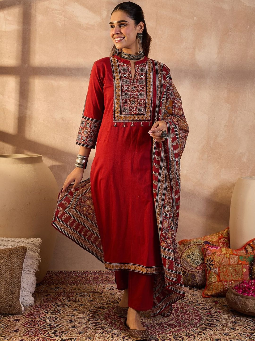 Women Ethnic Motifs Embroidered Beads and Stones Pure Cotton Kurta with Trousers