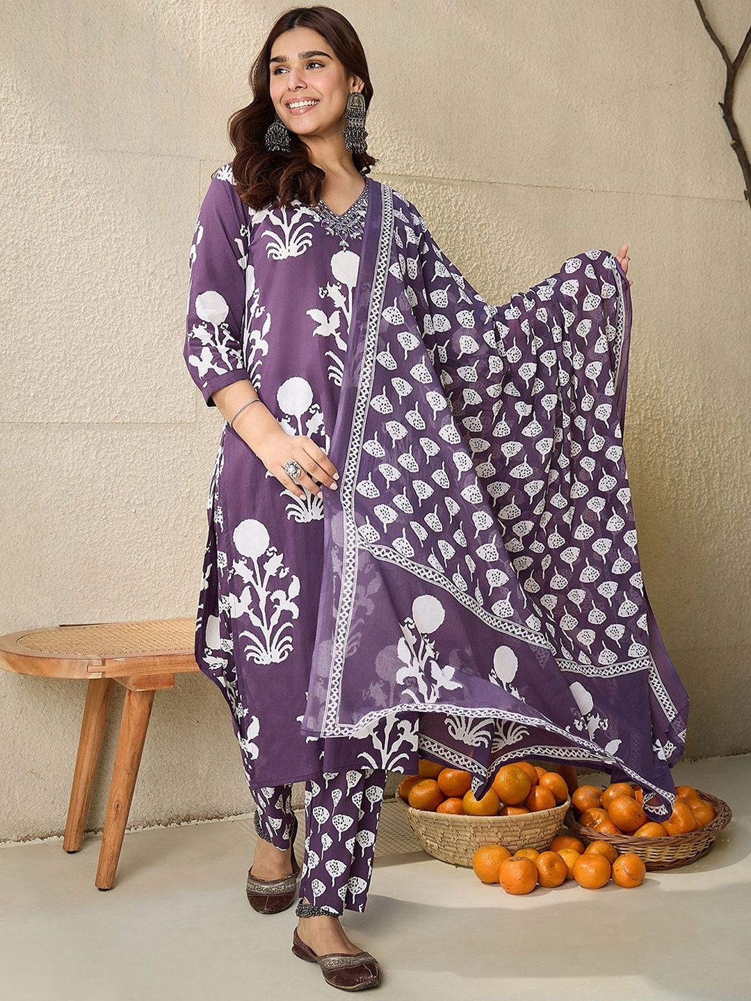 Women Ethnic Motifs Printed Mirror Work Pure Cotton Kurta with Trousers & Dupatta