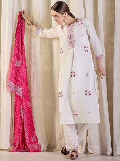 Women Ethnic Motifs Embroidered Cotton Kurta with Trousers & Dupatta