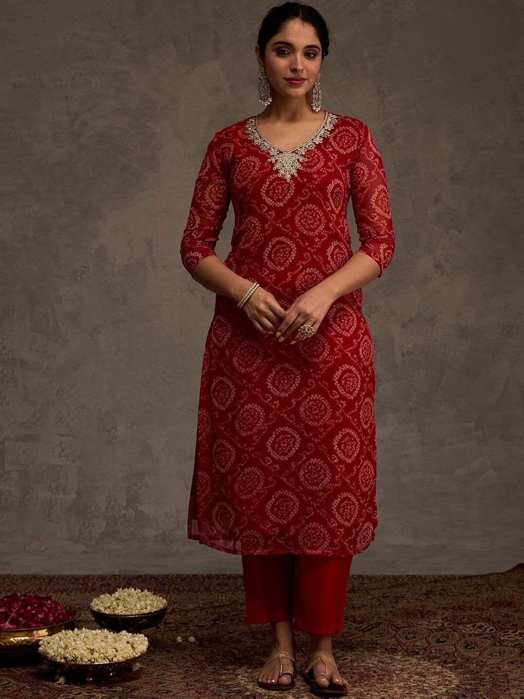 Bandhani Printed Straight Sequinned Work Kurta With Trousers & Dupatta