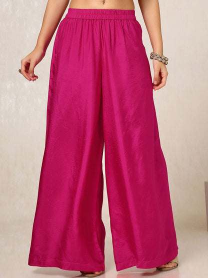 Dhiyona SO Women's Pink Ethnic Motifs Embroidered Mirror Work Dupion Silk Kurta With Palazzos & Dupatta