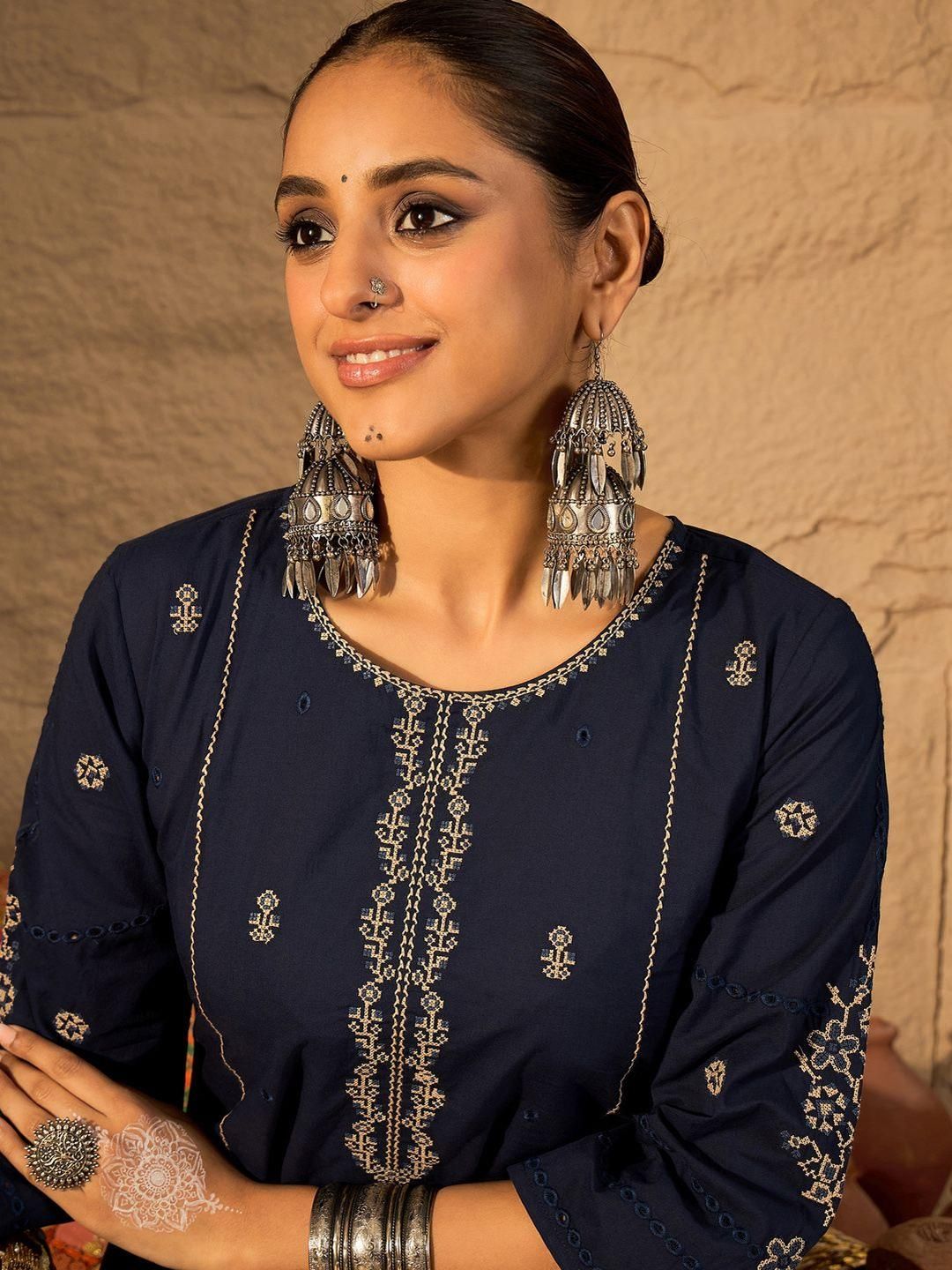 Dhiyona IE Embroidered Round Neck Pure Cotton Tunic With Trousers