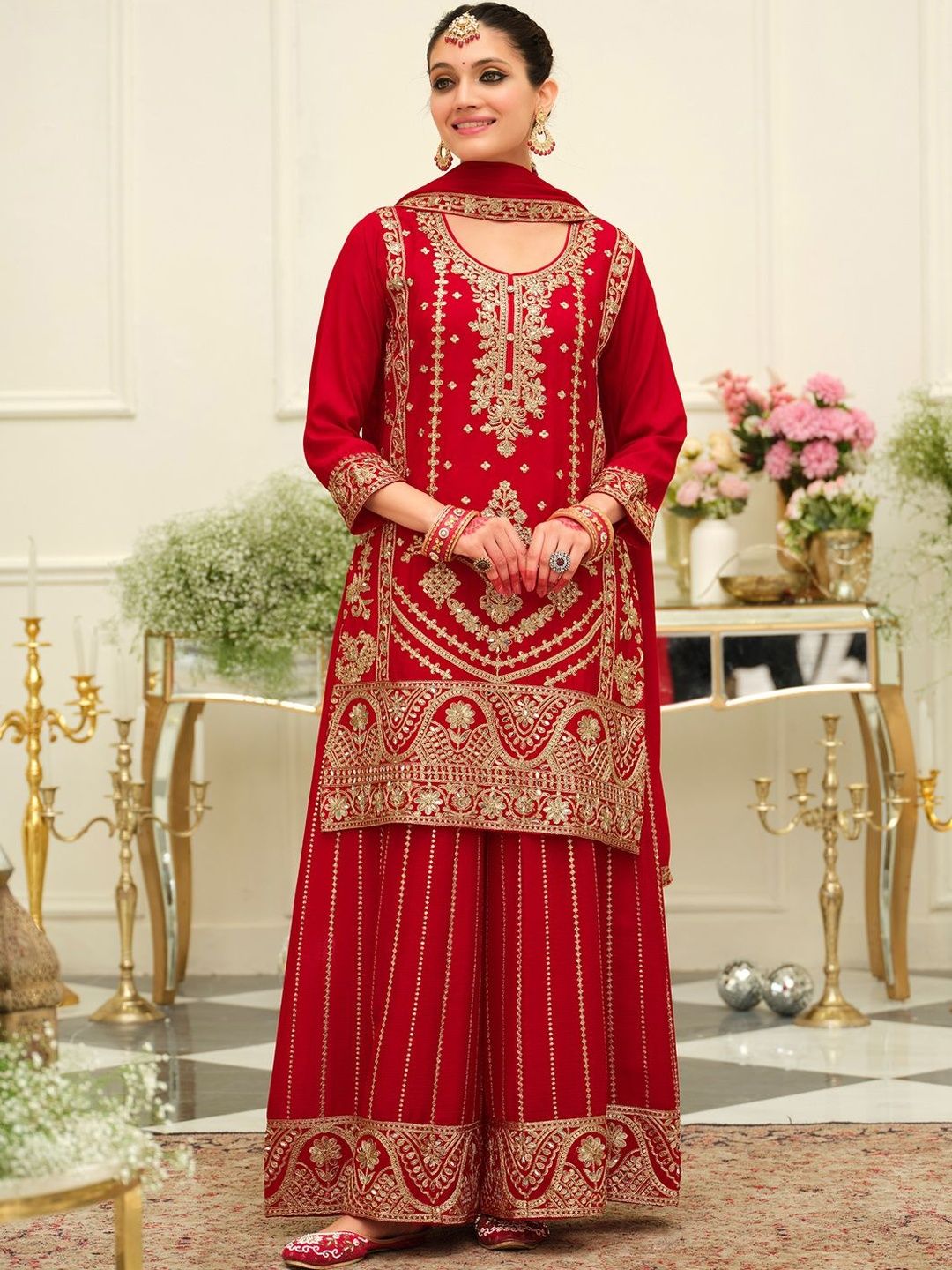 Ethnic Motifs Embroidered Mirror Work Straight Kurta & Palazzos With Dupatta