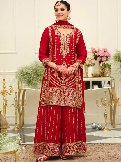 Ethnic Motifs Embroidered Mirror Work Straight Kurta & Palazzos With Dupatta