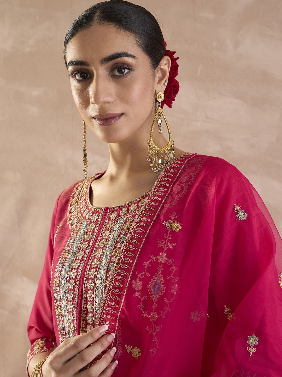 Ethnic Motifs Embroidered Straight Thread Work Kurta With Palazzos & Dupatta