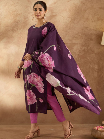 Dhiyona IE Women Floral Printed Regular Pure Cotton Kurta with Trousers & With Dupatta