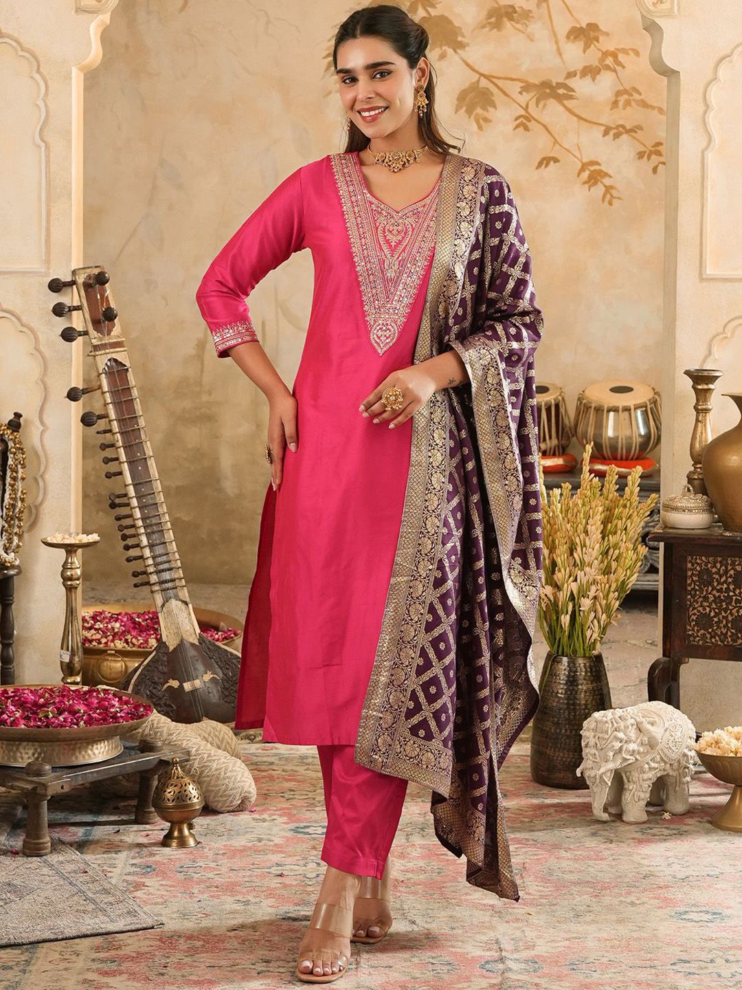Embroidered Sequinned Kurta With Trousers & Dupatta