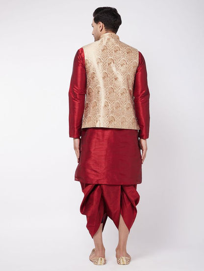 Men's Maroon Silk Blend Straight Jacket  Kurta and Dhoti Set