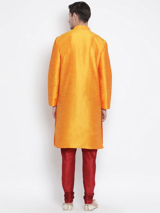Men's Orange Silk Blend Straight Kurta Pyjama Set