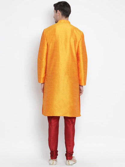 Men's Orange Silk Blend Straight Kurta Pyjama Set