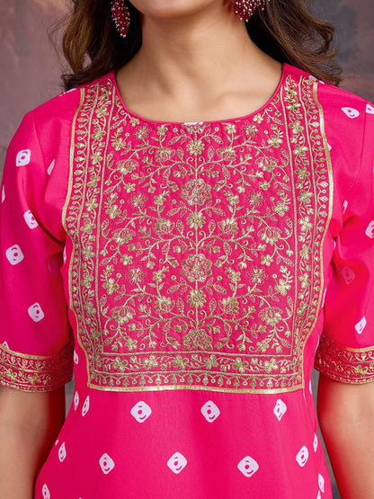 Dhiyona PD Women Bandhani Printed Round Neck Kurta & Sharara With Dupatta