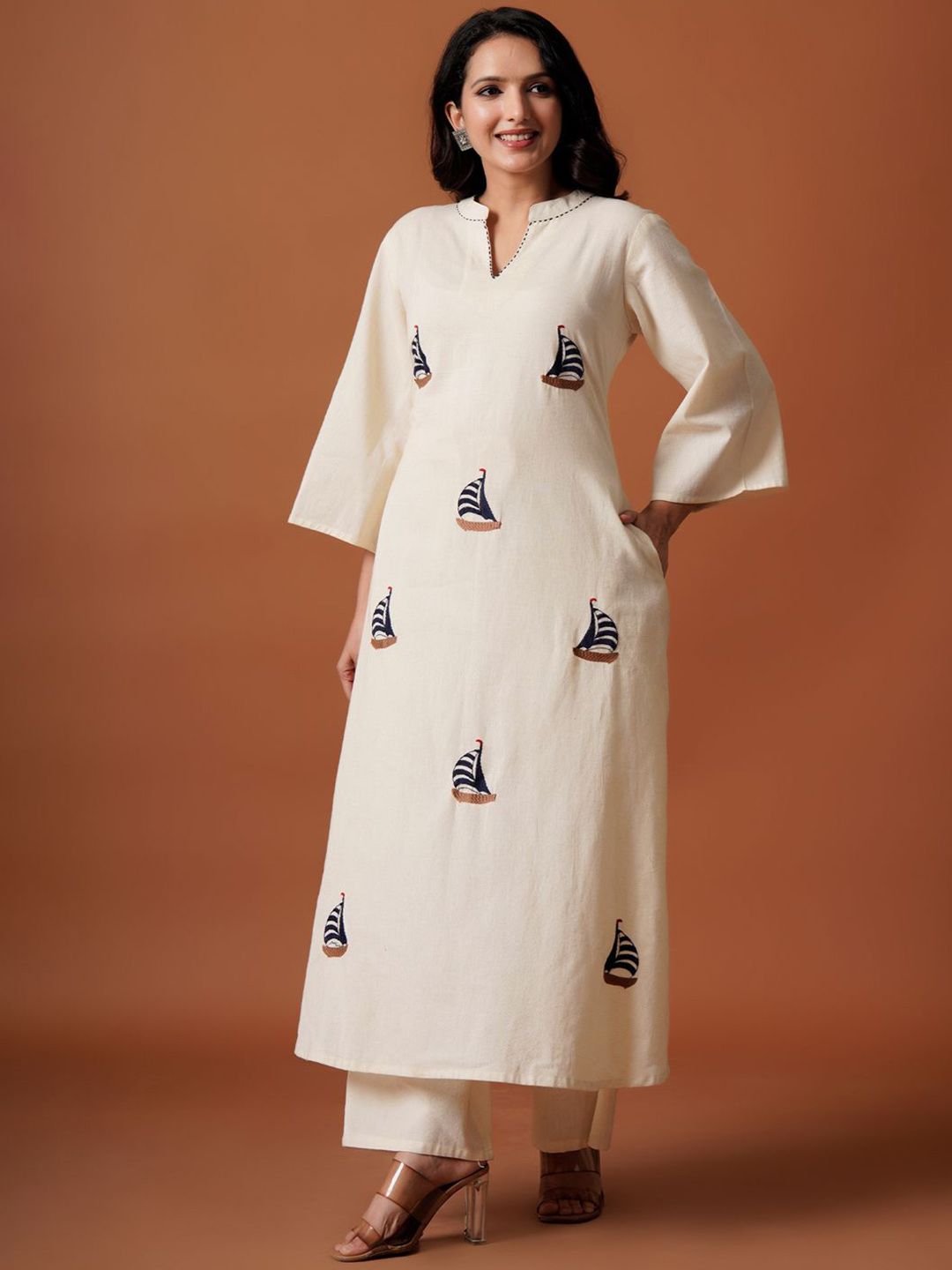 Dhiyona IE Embroidered Mandarin Collar Pure Cotton A-Line Top With Trousers