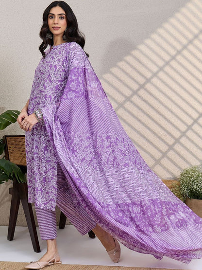 Women Floral Printed Regular Pure Cotton Kurta with Trousers & With Dupatta