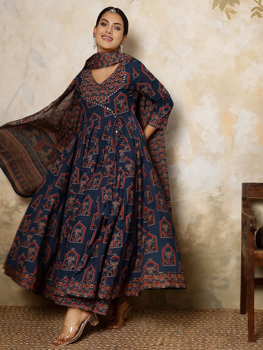 Dhiyona SN Women's Printed Pure Cotton Flared V-Neck Kurta & Palazzo With Dupatta