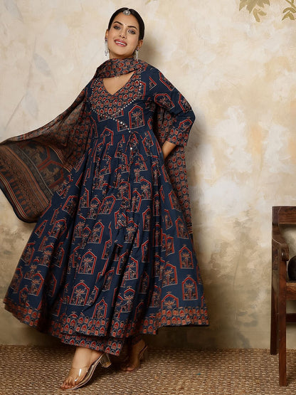 Dhiyona SN Women's Printed Pure Cotton Flared V-Neck Kurta & Palazzo With Dupatta