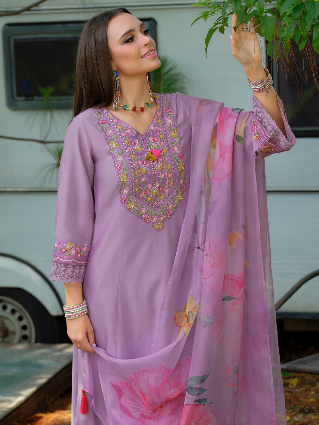 Dhiyona IE Floral Yoke Design V-Neck Thread Work Straight Kurta With Trousers & Dupatta