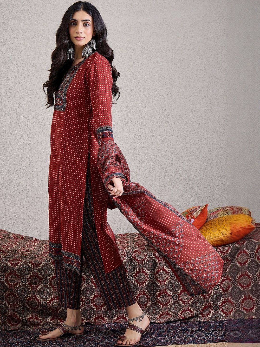 Women Ethnic Motifs Printed Regular Mirror Work Pure Cotton Kurta with Trousers & With Dupatta