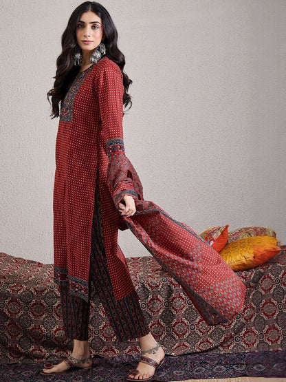 Women Ethnic Motifs Printed Regular Mirror Work Pure Cotton Kurta with Trousers & With Dupatta