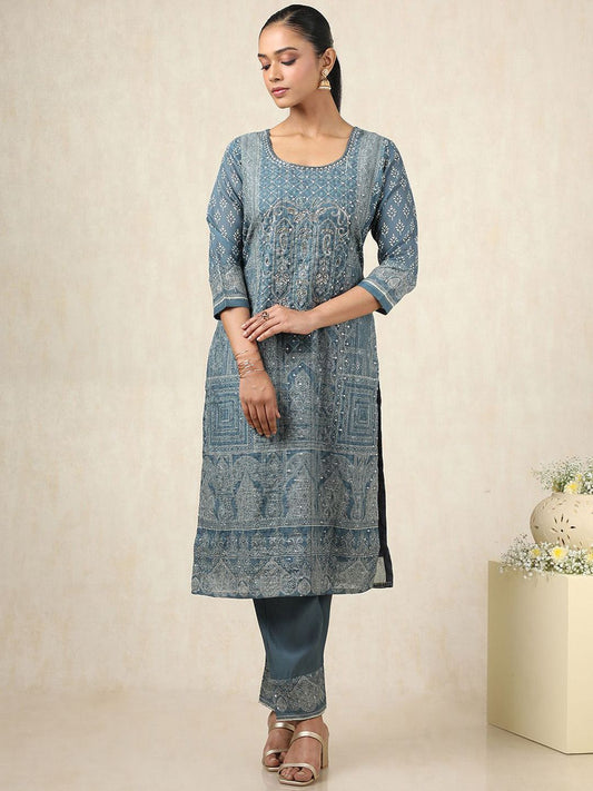 Dhiyona SO Women's Floral Printed Beads and Stones Chanderi Silk Kurta With Trousers