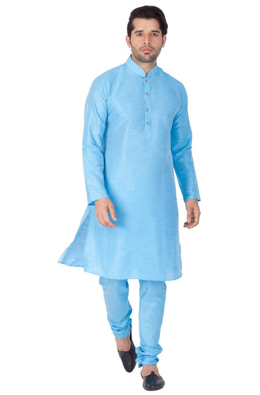 Men's Light Blue Silk Blend Straight Kurta Pyjama Set