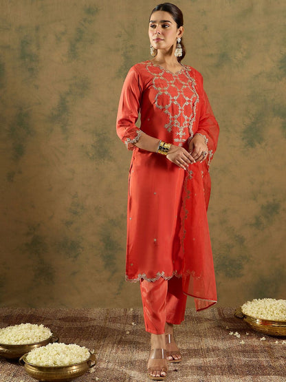 Ethnic Motifs Embroidered Kurta With Trousers & Dupatta