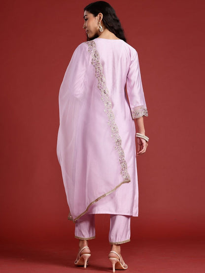 Women Ethnic Motifs Embroidered Regular Liva Kurta with Trousers & Dupatta