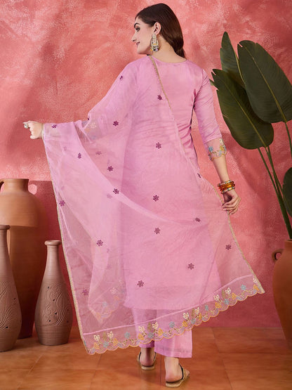 Dhiyona SN Women's Floral Embroidered Round Neck Straight Kurta With Trousers & Dupatta