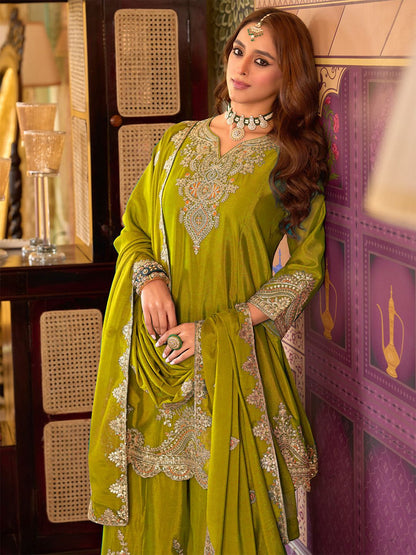 Ethnic Motifs Embroidered V-Neck Sequinned Kurta With Sharara & Dupatta