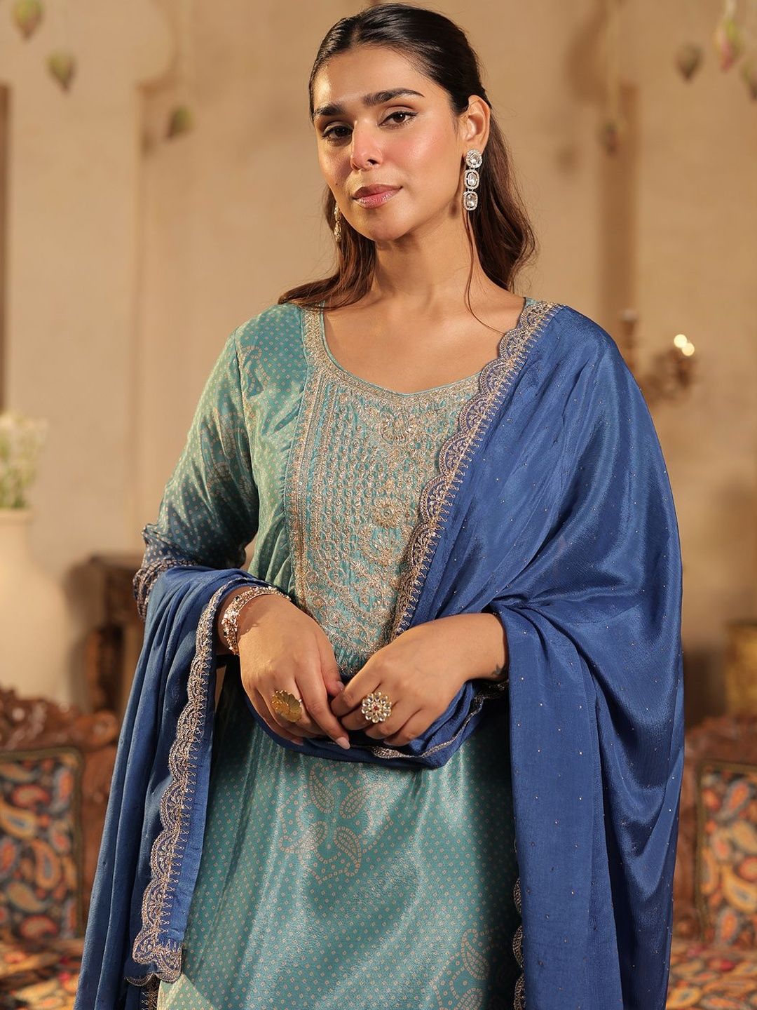 Bandhani Printed Sequinned Straight Kurta & Trousers With Dupatta