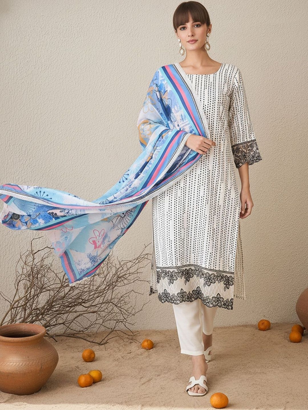 Ethnic Motifs Printed Round Neck Straight Kurta With Trousers & Dupatta