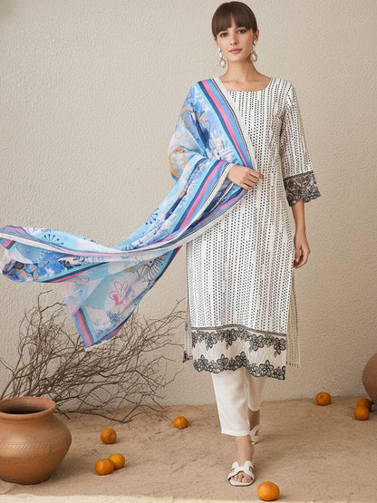 Ethnic Motifs Printed Round Neck Straight Kurta With Trousers & Dupatta