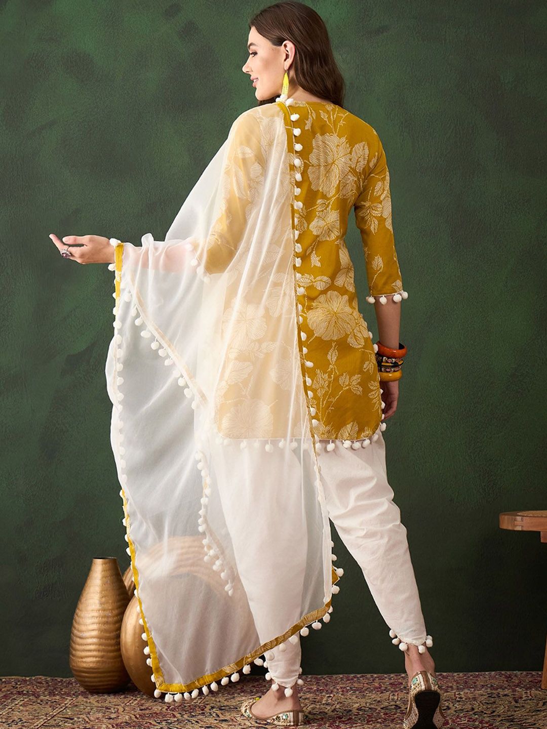 Dhiyona SN Women's Blue Floral Printed Mirror Work Pure Cotton Kurta With Dhoti Pant & Dupatta