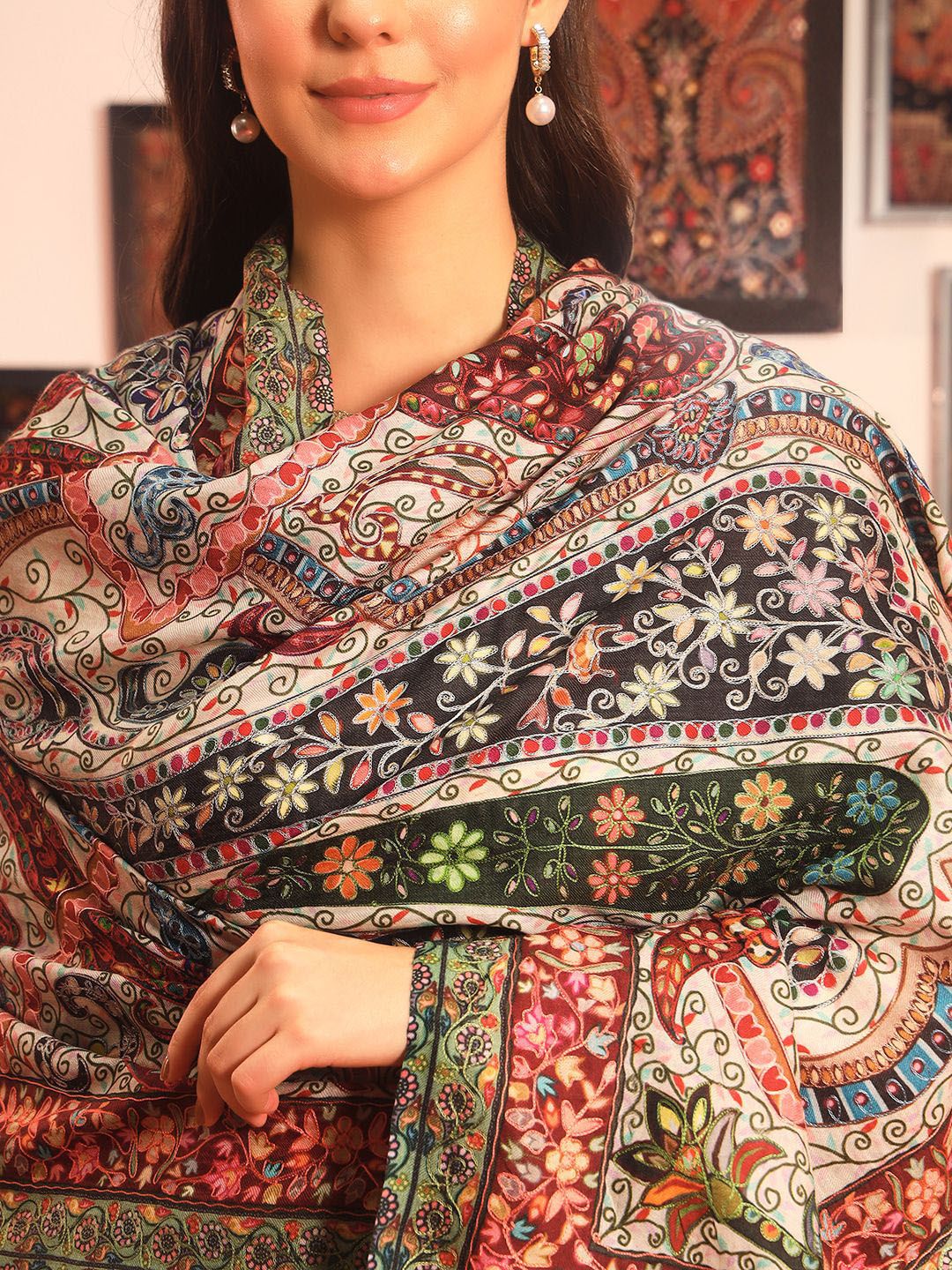 Dhiyona PA Paisley Kalamkari Printed Woollen & Silk Shawl