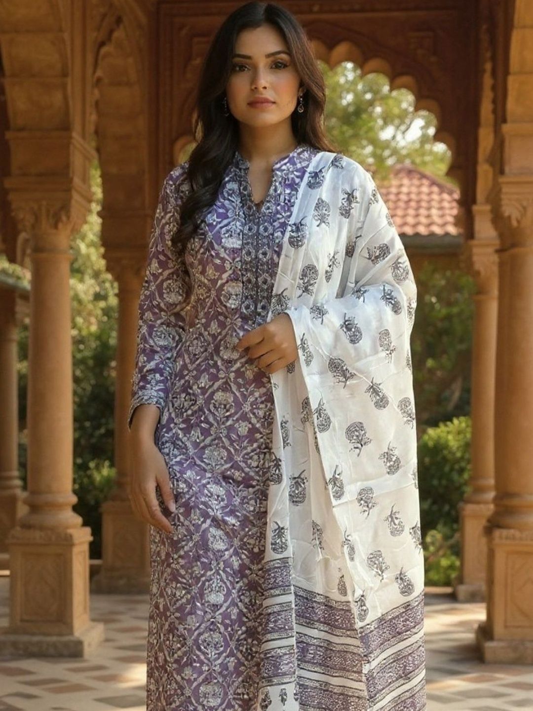 Women Ethnic Motifs Printed Regular Pure Cotton Kurta & Trousers With Dupatta