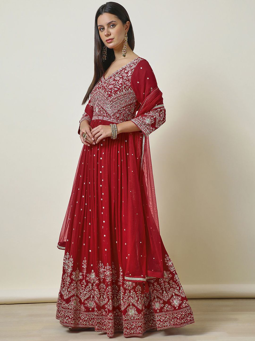Dhiyona SO Women's Floral Embroidered Pleated Sequinned Anarkali Kurta with Churidar & Dupatta