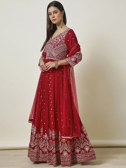 Dhiyona SO Women's Floral Embroidered Pleated Sequinned Anarkali Kurta with Churidar & Dupatta