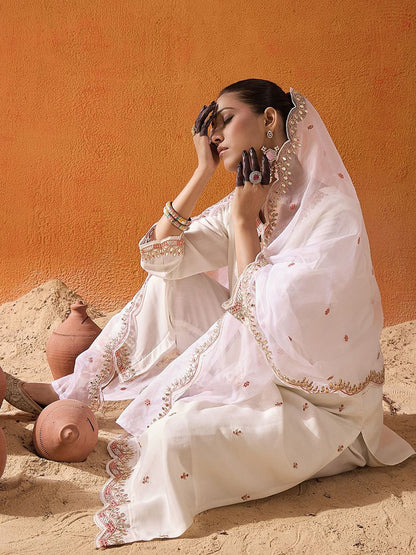 White and Pink Ethnic Motifs Embroidered Gotta Patti Kurta with Trouser & Dupatta