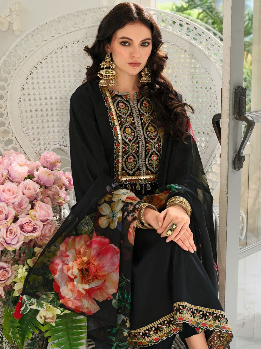 Floral Yoke Design Panelled Sequinned A-Line Kurta With Trousers & Dupatta